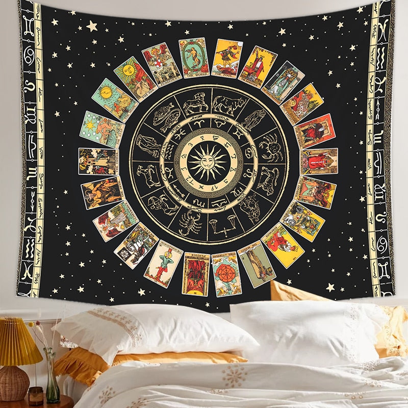 Mandala Tarot Card Tapestry Wheel of the Zodiac Astrology Chart & the Major Arcana Tarot Sun and Moon Wall Hanging Home Decor