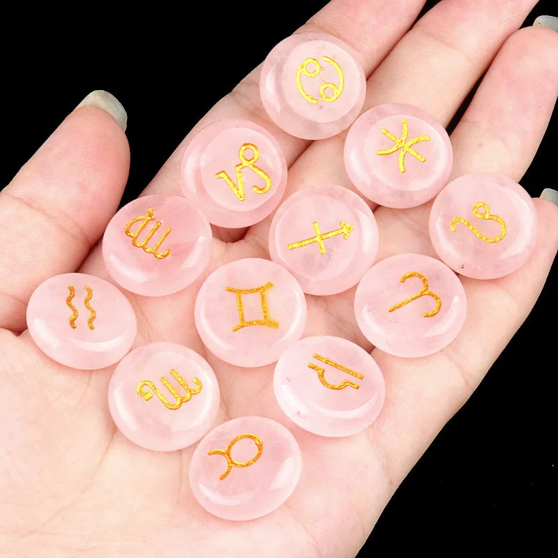 Natural Crystal Horoscope Symbols Engraved Stones (Set of 12) for Reiki Healing Meditation Balancing Gemstone Pocket Stone Gifts