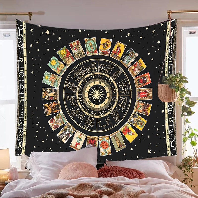 Mandala Tarot Card Tapestry Wheel of the Zodiac Astrology Chart & the Major Arcana Tarot Sun and Moon Wall Hanging Home Decor