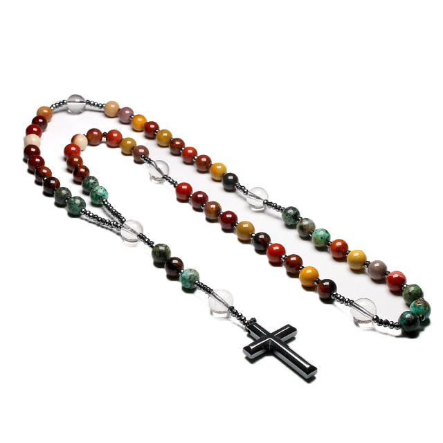 Natural Quartz Mookaite Beads Catholic Christ Rosary Necklaces Hematite Cross Pendant Necklace For Women Men Meditation Mala