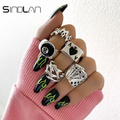 Sindlan Gothic Silver Color Grimace Finger Rings Set for Women Punk Stranger Things Grunge Butterfly Female Emo Jewelry Anillos