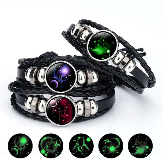 Glow in The Dark 12 Constellations Leather Rope Bracelet For Women Men Luminous Zodiac Sign Charm Bangle Punk Jewelry Gift