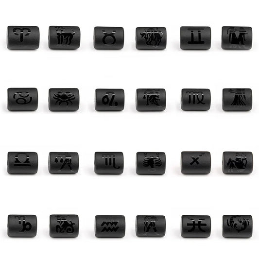 Matte 12 Zodiac Beads Charms Black Onyx Constellation Symbol Beads Cylinder Pendant For DIY Making Jewelry Findings Bracelets