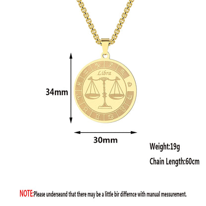 Stainless Steel Zodiac Sign Necklace For Women Men 12 Constellation Libra Symbol Pendant Necklace Amulet Collar