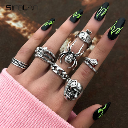 Sindlan Gothic Silver Color Grimace Finger Rings Set for Women Punk Stranger Things Grunge Butterfly Female Emo Jewelry Anillos