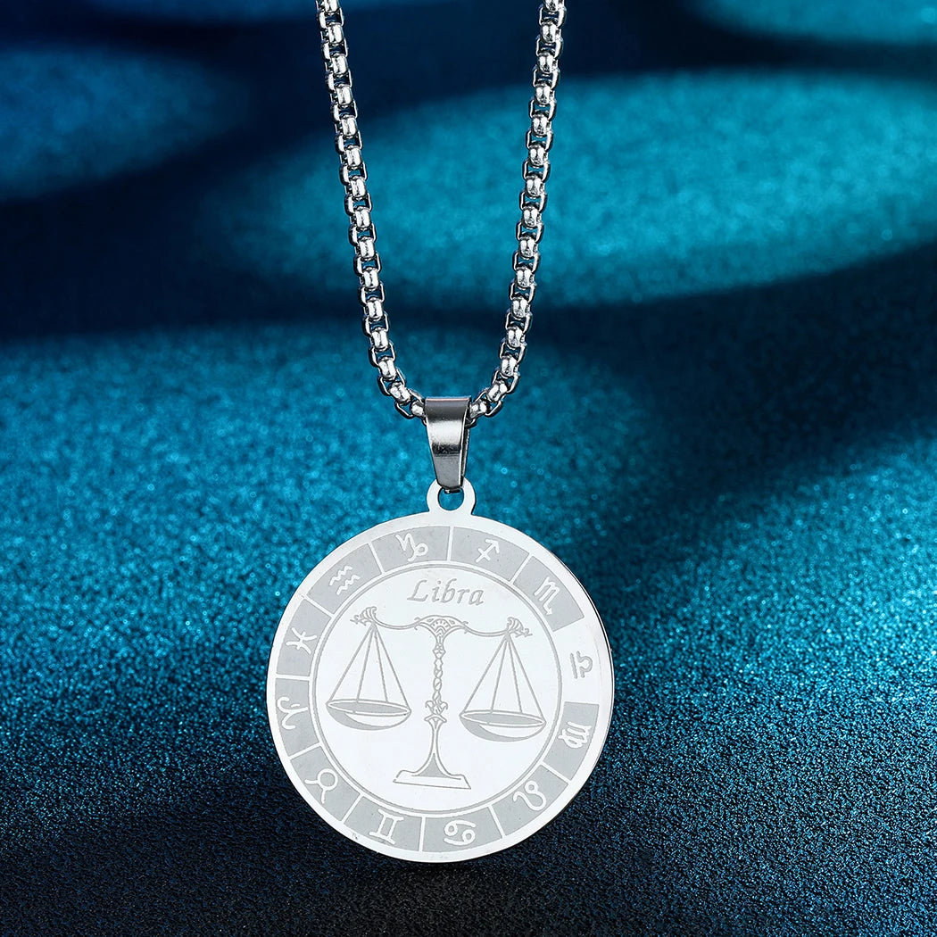 Stainless Steel Zodiac Sign Necklace For Women Men 12 Constellation Libra Symbol Pendant Necklace Amulet Collar