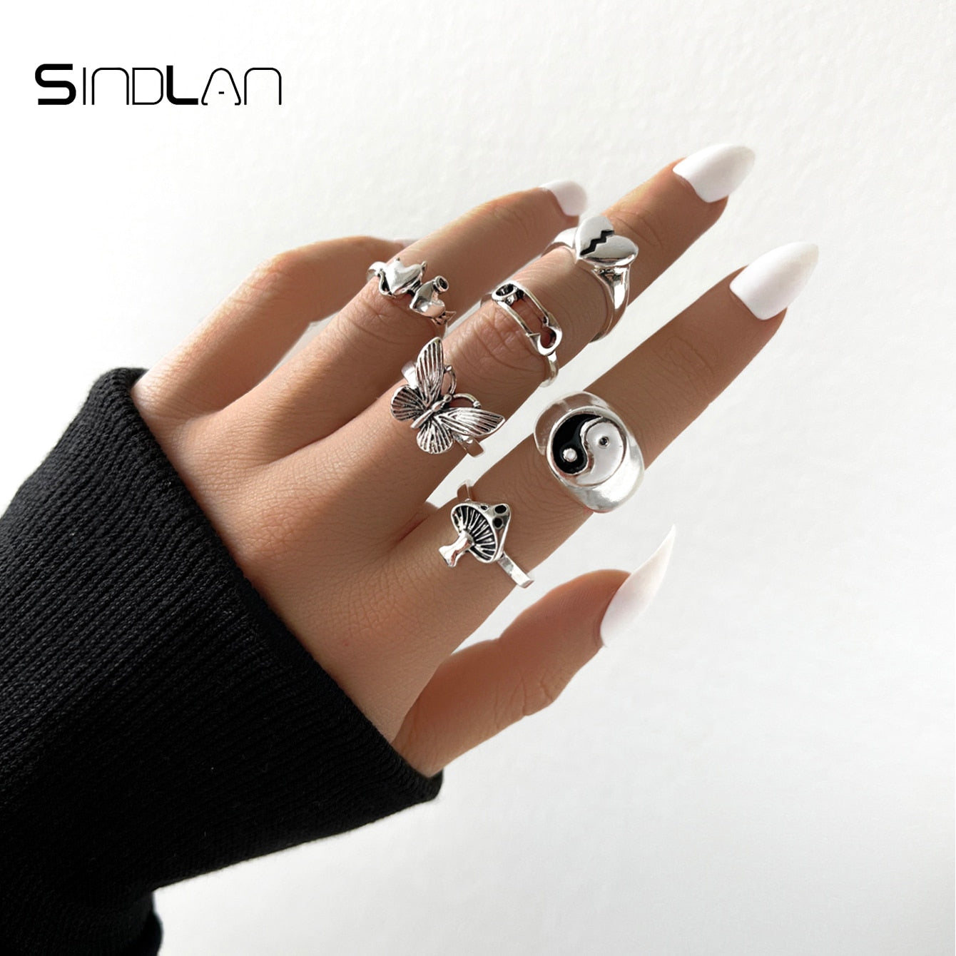 Sindlan Gothic Silver Color Grimace Finger Rings Set for Women Punk Stranger Things Grunge Butterfly Female Emo Jewelry Anillos