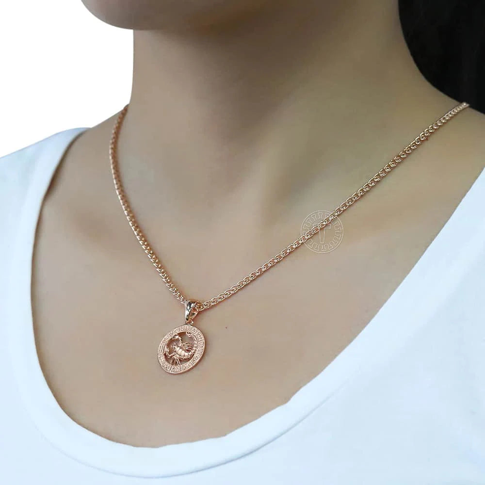 Women's Zodiac Sign Pendant 12 Constellation Charm 585 Rose Gold Color Necklace Aries Leo Scorpio 3mm Snail Jewelry GP278