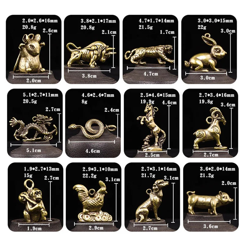 Brass Key Chain Pendant 12 Zodiac Animas Mice Bull Tiger Rabbit Dragon Snake Horse Sheep Monkey Chicken Dog Pig Figures Keychain