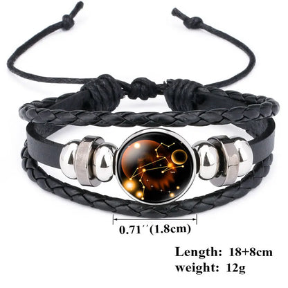 Glow in The Dark 12 Constellations Leather Rope Bracelet For Women Men Luminous Zodiac Sign Charm Bangle Punk Jewelry Gift