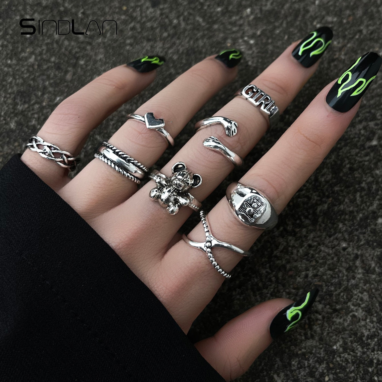 Sindlan Gothic Silver Color Grimace Finger Rings Set for Women Punk Stranger Things Grunge Butterfly Female Emo Jewelry Anillos