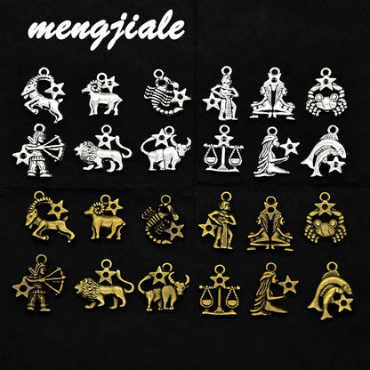 12pcs(1set) Wholesale Two Color Zodiac Charms Alloy Metal Constellation Pendants For DIY Handmade Jewelry Accessories Making