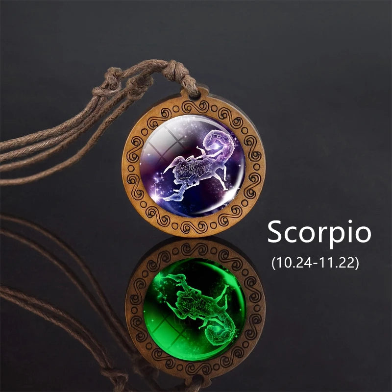 12 Constellation Necklace Glowing In The Dark Zodiac Signs Glass Pendant Rope Chain Wooden Necklace Luminous Jewelry
