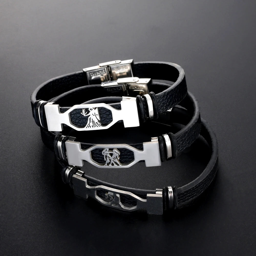 Stainless Steel 12 Constellation Bracelets  Zodiac Black Leather Couple Bracelet for Men and Women Jewelry Pulseras Hombre