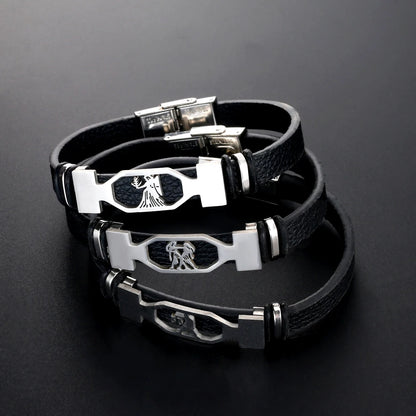 Stainless Steel 12 Constellation Bracelets Zodiac Black Leather Couple Bracelet for Men and Women Jewelry Pulseras Hombre