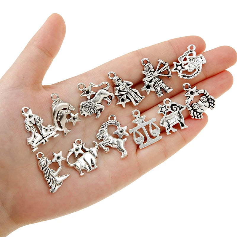 12pcs(1set) Wholesale 3 Color Zodiac Charms Alloy Metal Constellation Pendants For DIY Handmade Jewelry Accessories Making