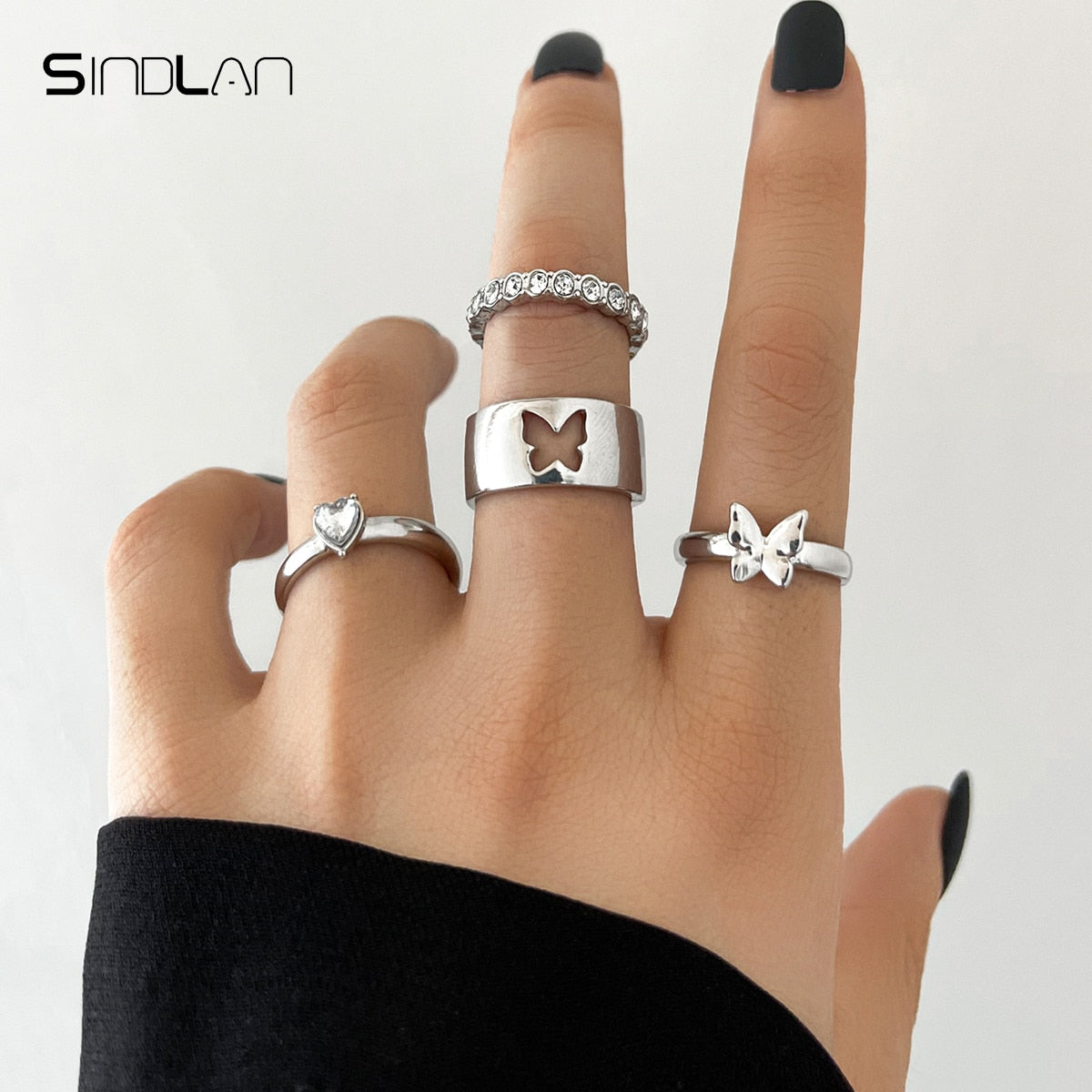 Sindlan Gothic Silver Color Grimace Finger Rings Set for Women Punk Stranger Things Grunge Butterfly Female Emo Jewelry Anillos