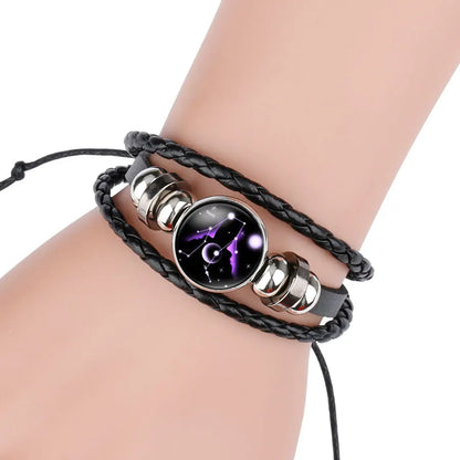 Glow in The Dark 12 Constellations Leather Rope Bracelet For Women Men Luminous Zodiac Sign Charm Bangle Punk Jewelry Gift