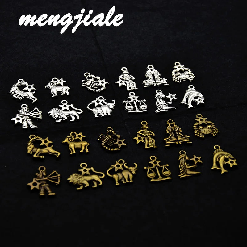 12pcs(1set) Wholesale Two Color Zodiac Charms Alloy Metal Constellation Pendants For DIY Handmade Jewelry Accessories Making