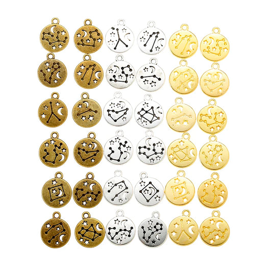 12pcs(1set) Wholesale 3 Color Zodiac Charms Alloy Metal Constellation Pendants For DIY Handmade Jewelry Accessories Making