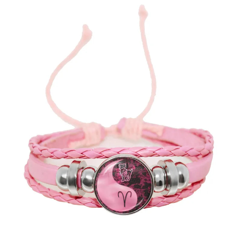 12 Zodiac Signs Yin Yang Bracelets Constellation Glass Cabochon Pink Leather Bangle Women Girls Birthday Gifts Dropshipping