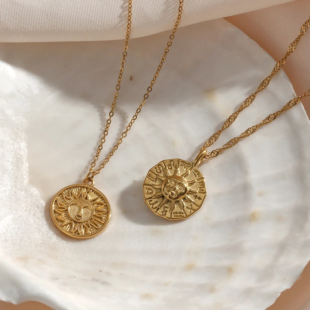 E.B.belle Creative Design Casting Stereoscopic Coin Necklace Stainless Steel Gold Color 12 Zodiac Sign Sun Necklace For Women