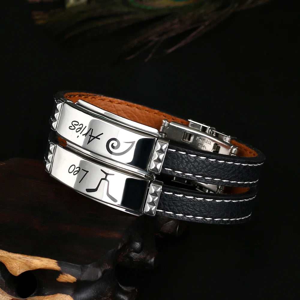 12 Constellations Cuff Bracelet 2021 Fashion Charm Jewelry Black Leather Stainless Steel Men Casual Zodiac Signs Punk Bracelet