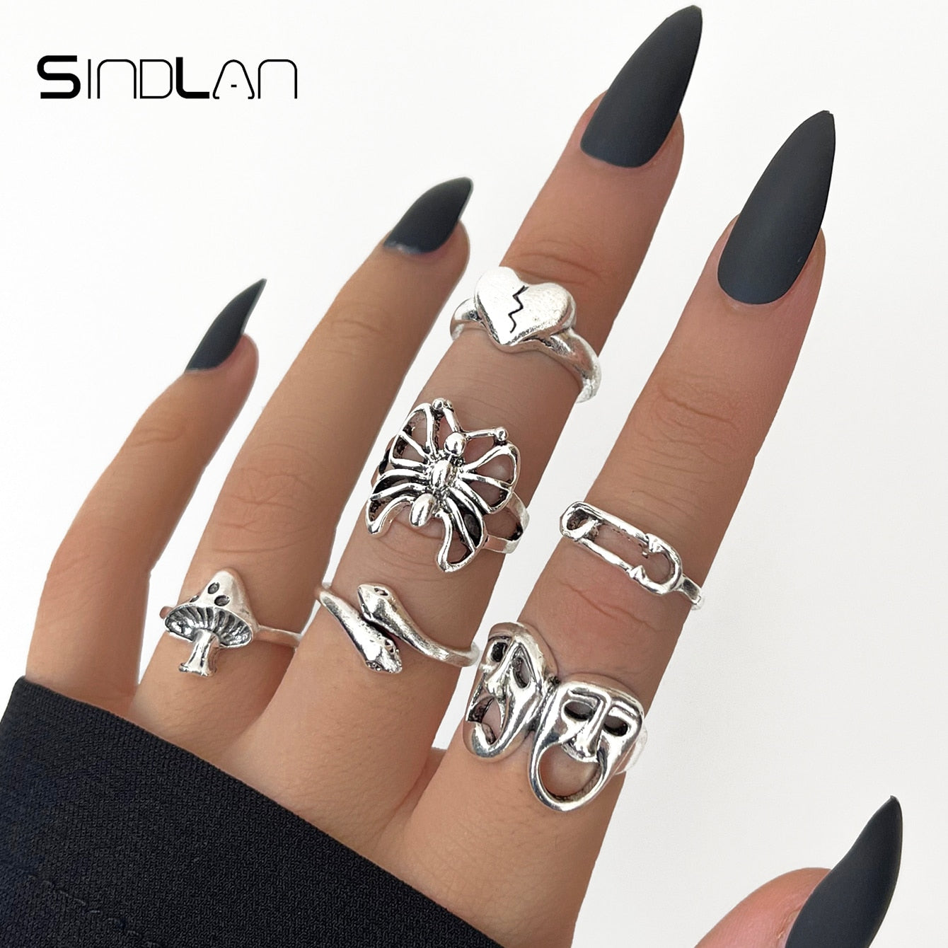 Sindlan Gothic Silver Color Grimace Finger Rings Set for Women Punk Stranger Things Grunge Butterfly Female Emo Jewelry Anillos