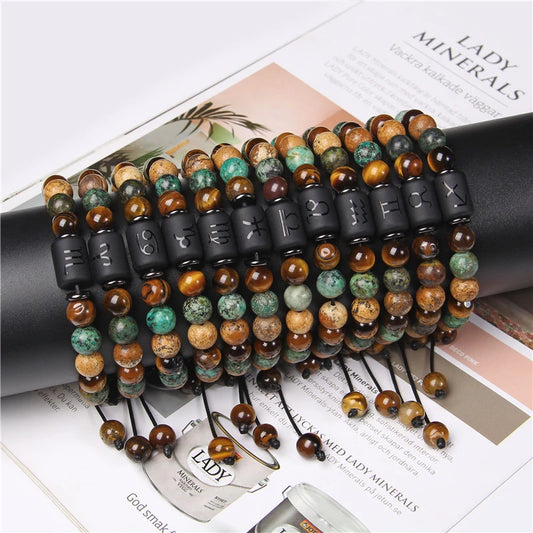 12 Zodiac Signs Constellation Bracelet Natural Picture Turquois Tiger Eye Stone Woven Bracelet Jewelry for Women Man Couple Gift