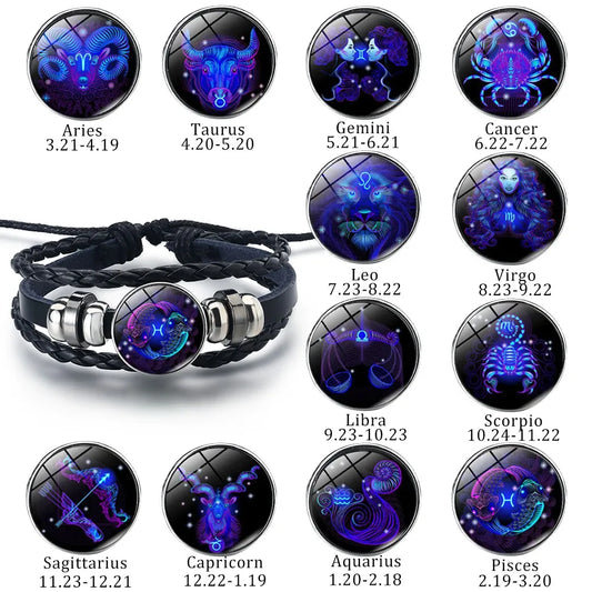 12 Zodiac Signs Constellation Charm Bracelet Men's Women's Fashion Multi-layer Woven Leather Punk Couple Bracelet Gift Accessory