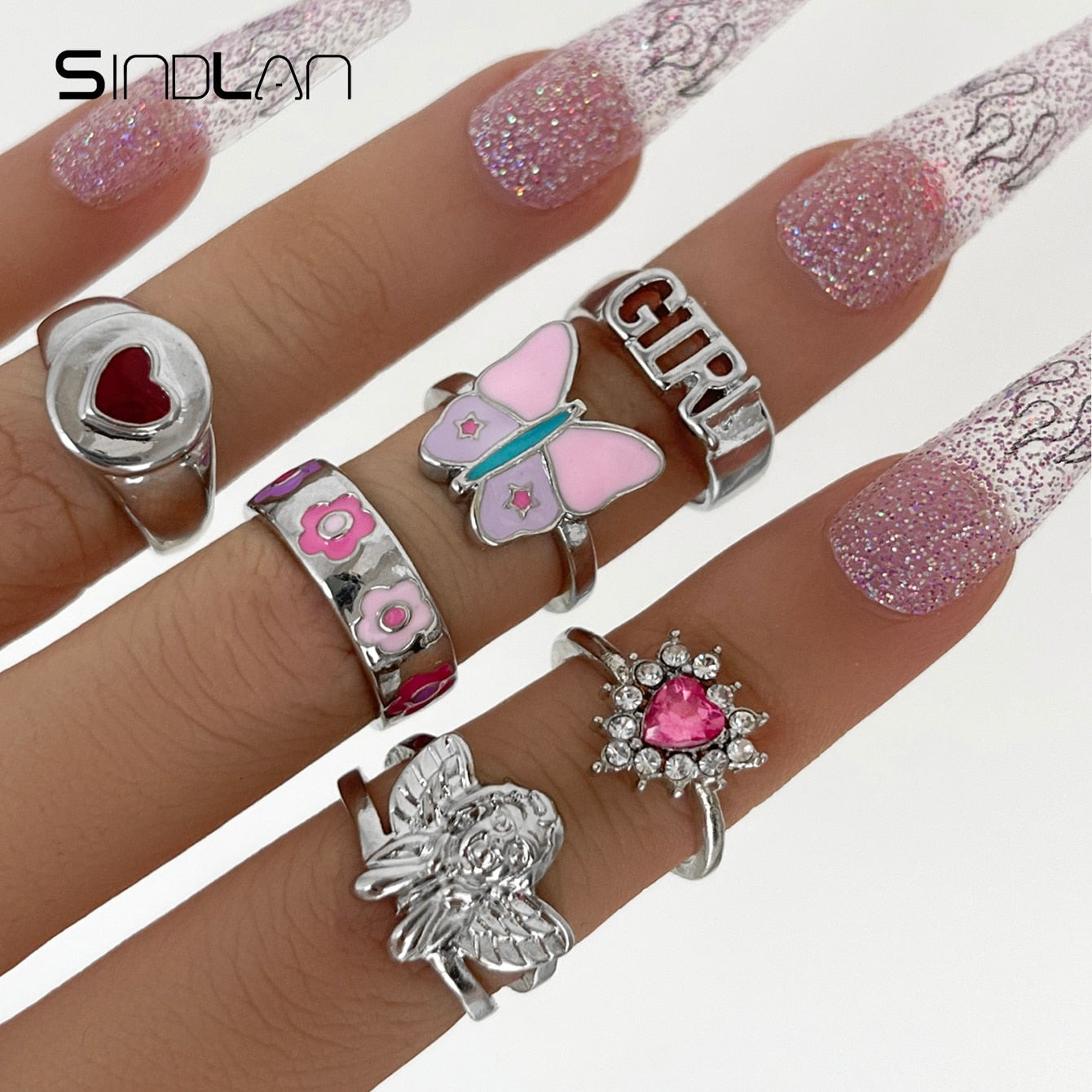 Sindlan Gothic Silver Color Grimace Finger Rings Set for Women Punk Stranger Things Grunge Butterfly Female Emo Jewelry Anillos