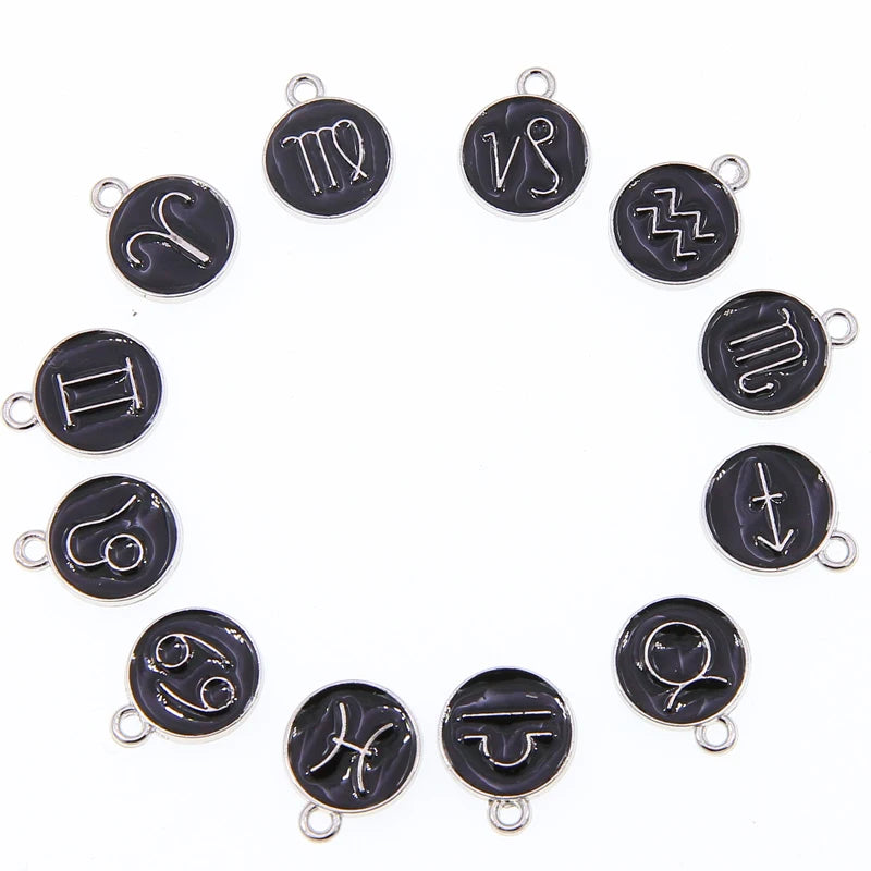 Black enamel 12 Pieces/Set  Metal Alloy Enamel Zodiac Signs Charms Pendant Diy Hand Made Jewelry Accessories