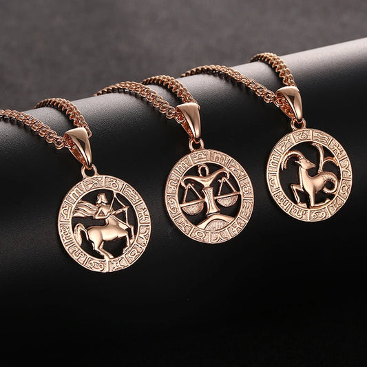FJ 12 Zodiac Sign 585 Gold Color Constellation Rose Pendants Capricorn/Gemini Twisted + 50cm Chain Women Men Jewelry