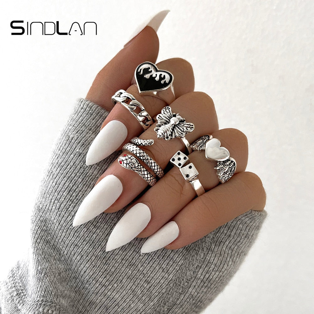 Sindlan Gothic Silver Color Grimace Finger Rings Set for Women Punk Stranger Things Grunge Butterfly Female Emo Jewelry Anillos