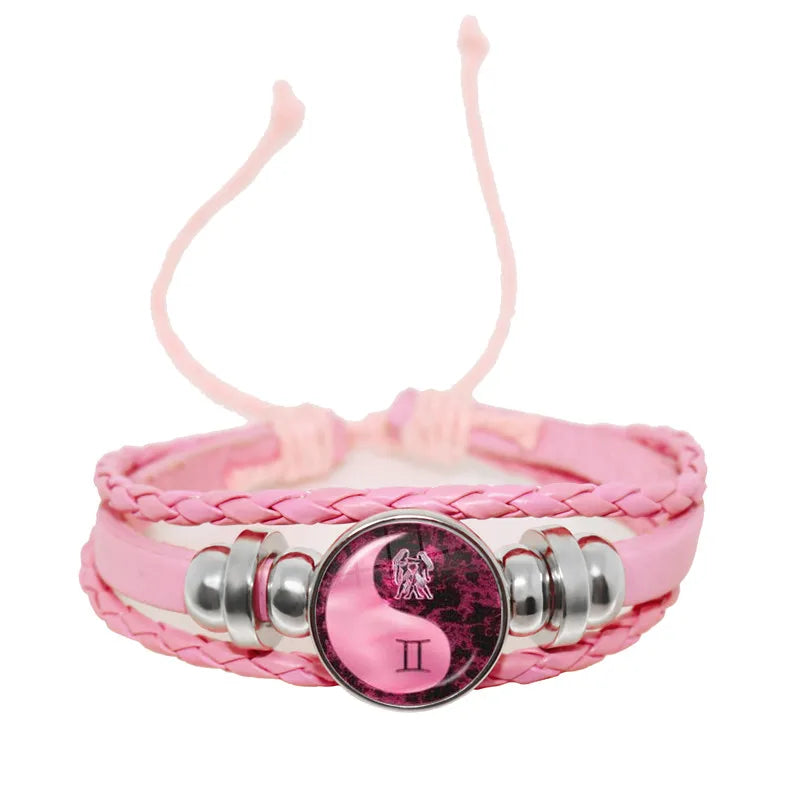 12 Zodiac Signs Yin Yang Bracelets Constellation Glass Cabochon Pink Leather Bangle Women Girls Birthday Gifts Dropshipping