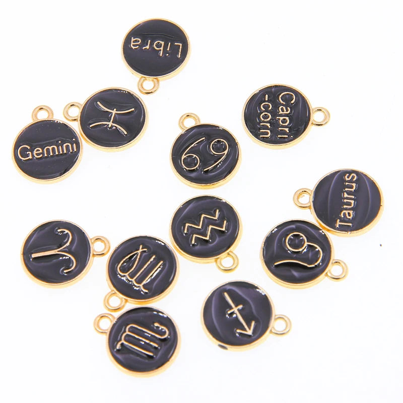 Black enamel 12 Pieces/Set  Metal Alloy Enamel Zodiac Signs Charms Pendant Diy Hand Made Jewelry Accessories