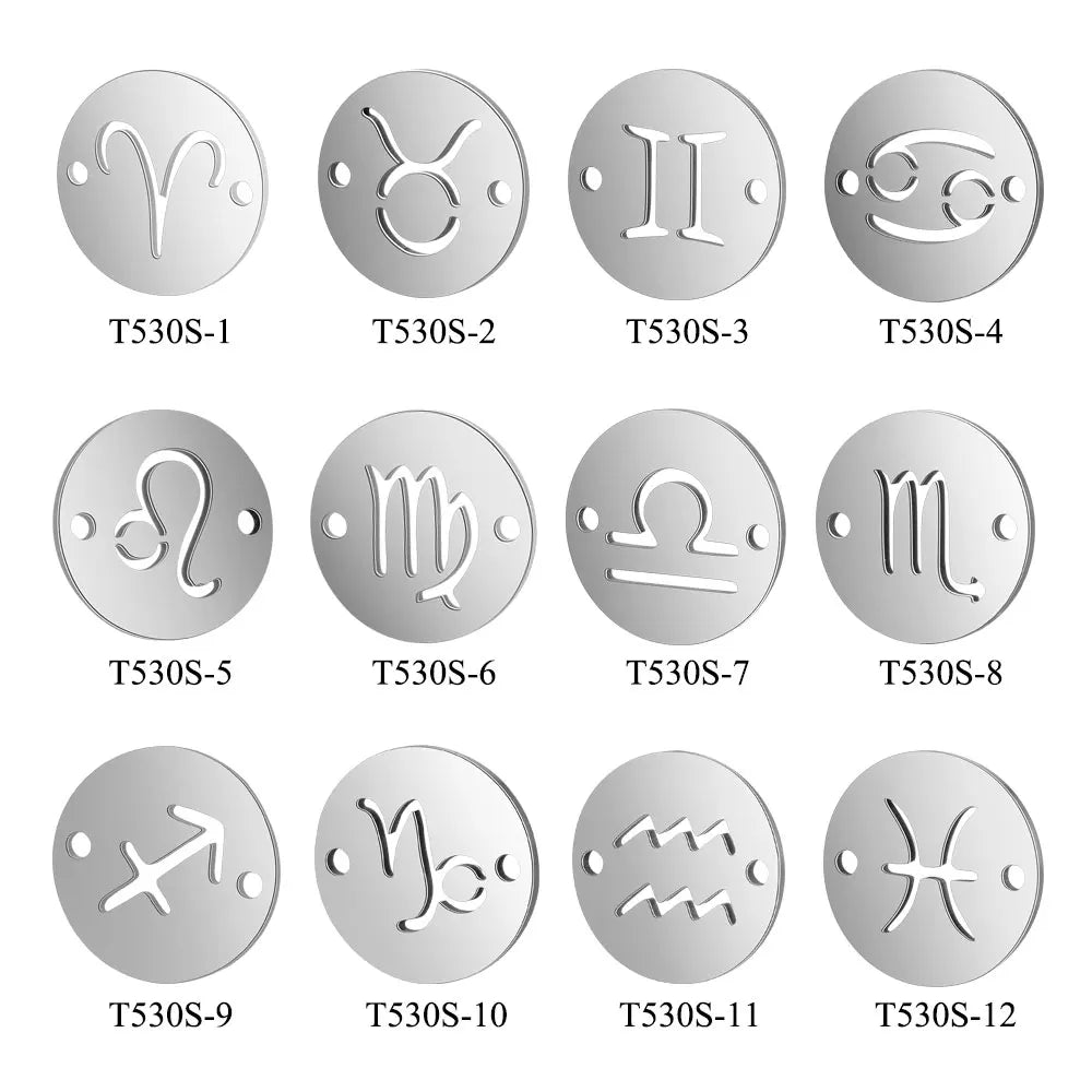 10pcs per signs 12mm Stainless Steel Mirror Polished Twelve Constellation Charms for Making Jewelry Bracelets Zodiac Charm DIY