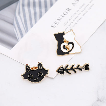 Cartoon Animal Brooches Black White Couple Cat Fish Bone Enamel Pins Clothes Collar Lapel Pin Bag Metal Badges Jewelry For Lover