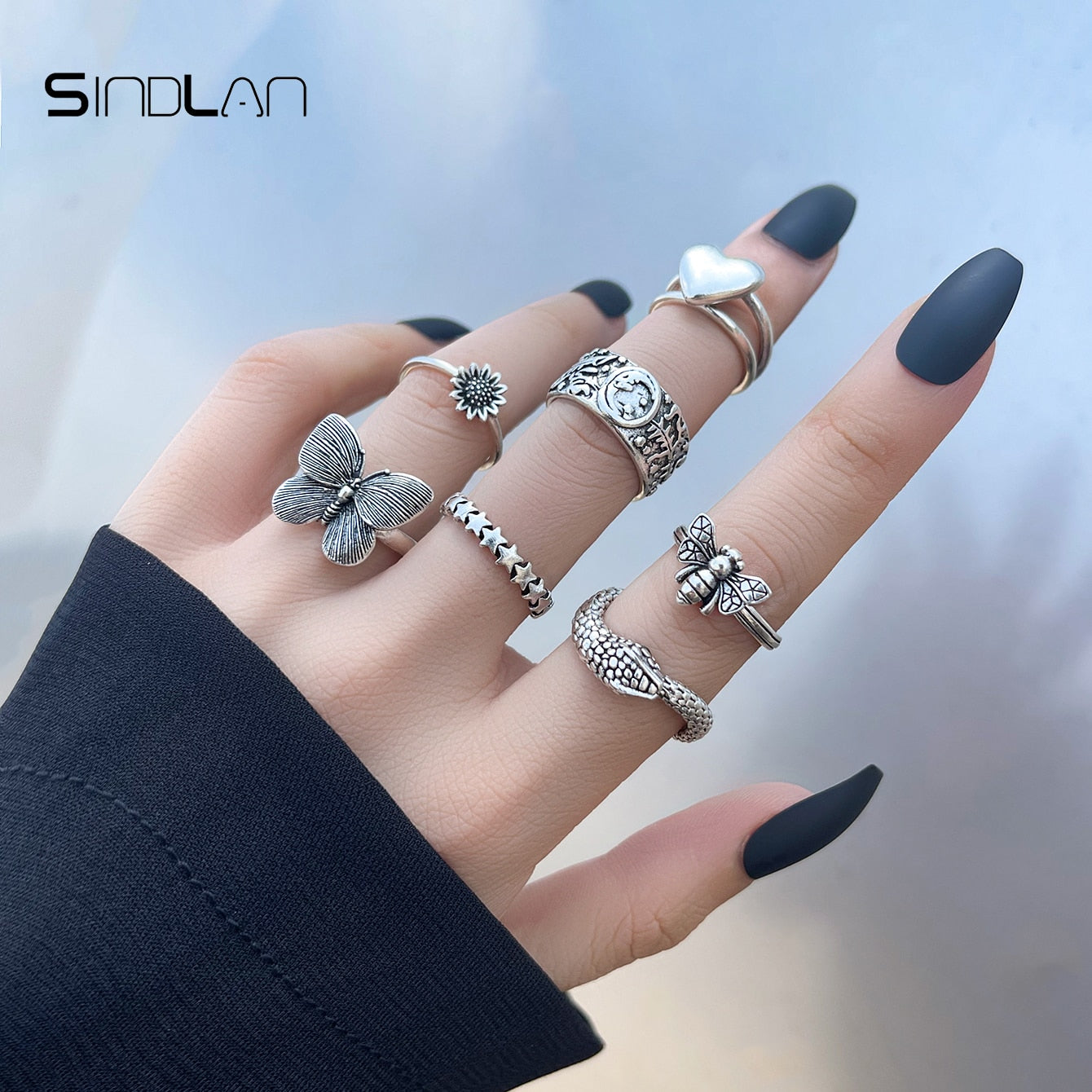 Sindlan Gothic Silver Color Grimace Finger Rings Set for Women Punk Stranger Things Grunge Butterfly Female Emo Jewelry Anillos