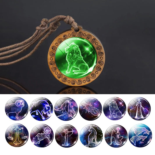 12 Constellation Necklace Glowing In The Dark Zodiac Signs Glass Pendant Rope Chain Wooden Necklace Luminous Jewelry