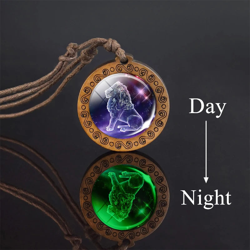 12 Constellation Necklace Glowing In The Dark Zodiac Signs Glass Pendant Rope Chain Wooden Necklace Luminous Jewelry