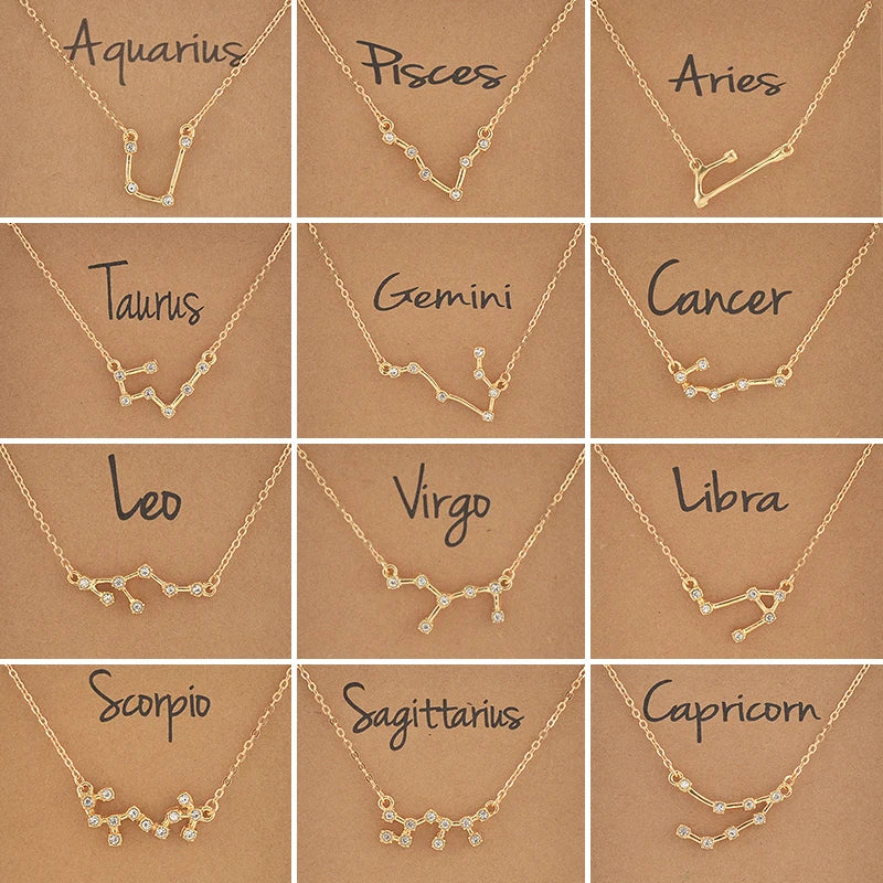 Cardboard Star Zodiac Sign 12 Constellation Necklaces Crystal Charm Chain Choker Necklace for Women Birthday Jewelry Gift