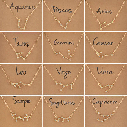 Cardboard Star Zodiac Sign 12 Constellation Necklaces Crystal Charm Chain Choker Necklace for Women Birthday Jewelry Gift