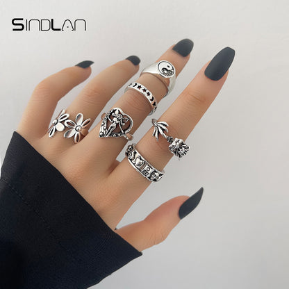 Sindlan Gothic Silver Color Grimace Finger Rings Set for Women Punk Stranger Things Grunge Butterfly Female Emo Jewelry Anillos