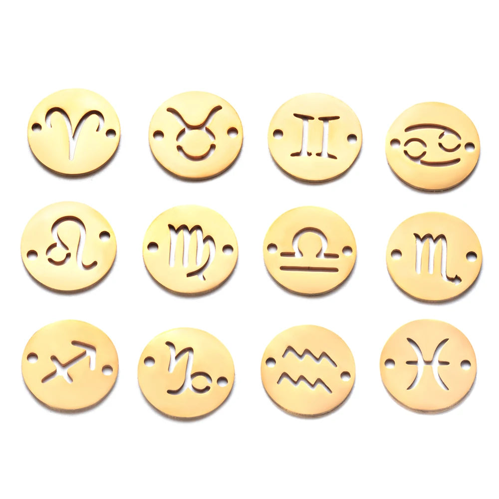 10pcs per signs 12mm Stainless Steel Mirror Polished Twelve Constellation Charms for Making Jewelry Bracelets Zodiac Charm DIY