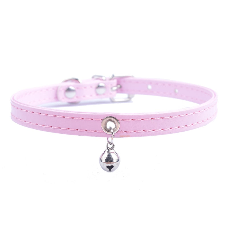 Cute Cat Collar Solid Faux Leather Adjustable Pet Collars With Bell Cats Products For Pets Red Blue Brown Pink Size XS S M