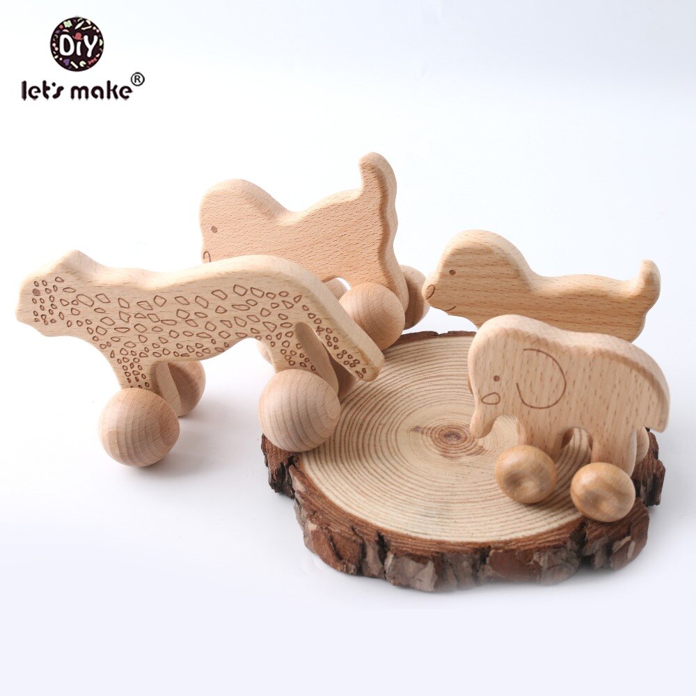 Let&#39;s Make Beech Wooden Animals 1pc Dogs Car Cartoon Elephants Montessori Toys For Children Teething Nursing Baby Teethers