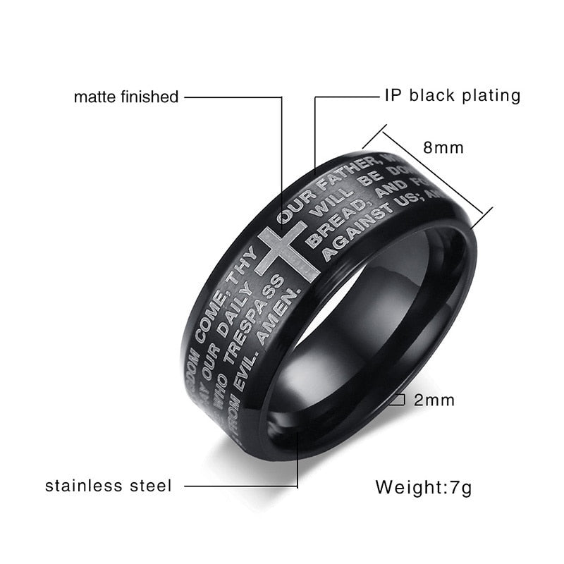 Vnox Engraved Bible Cross Ring for Men 3 Colors Option Stainless Steel Stylish Prayer Male Jewelry US Size #7- #13