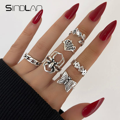 Sindlan Gothic Silver Color Grimace Finger Rings Set for Women Punk Stranger Things Grunge Butterfly Female Emo Jewelry Anillos