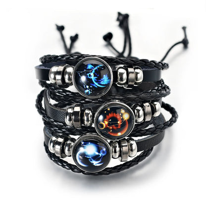 12 Zodiac Signs Constellation Charm Bracelet Men's and Women's Fashion Multi-layer Woven Leather Couple Bracelet Accessories